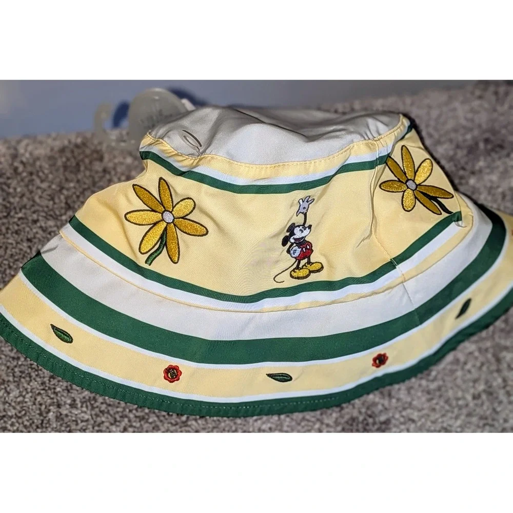 Disney Mickey Mouse Bucket Hat Yellow Floral Ladybug‎ Print One Size NWT